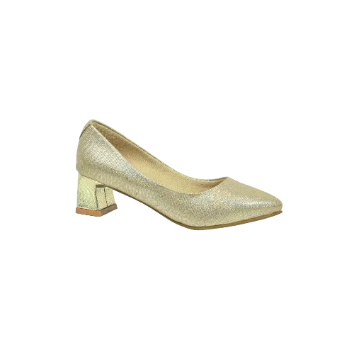 Women Gold Solid Pointed Toe Block Heels