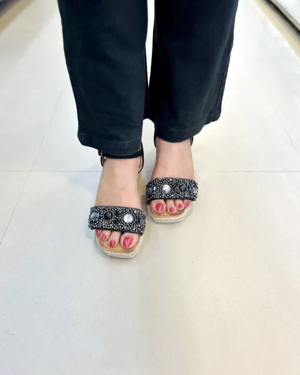 Glimmer Black Studded Wedge Sandals - Image 4