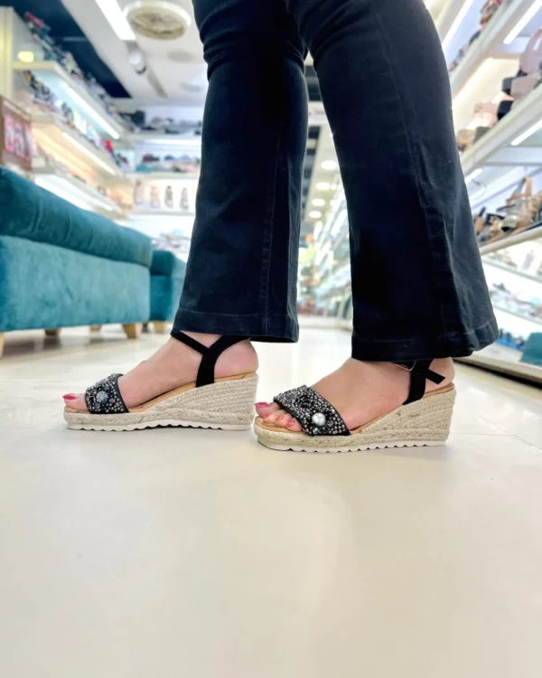 Glimmer Black Studded Wedge Sandals - Image 3