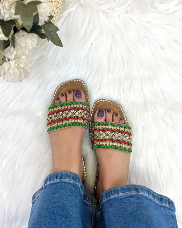 Blossom embroidery flats slippers gold