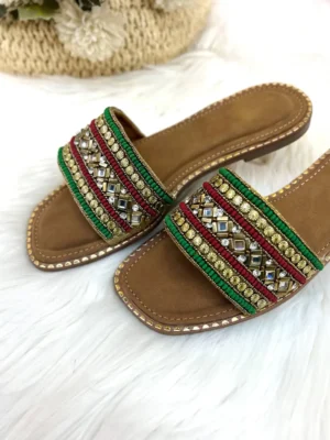 Blossom embroidery flats slippers gold