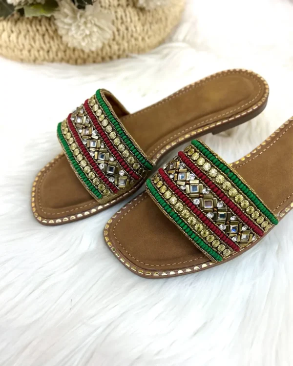 Blossom embroidery flats slippers gold
