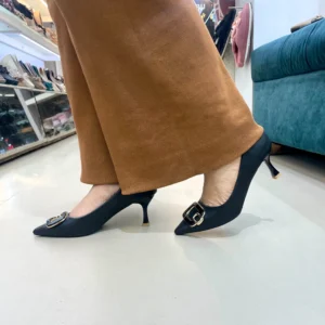 Urbantoes Elegant Black Pointed-Toe Kitten Heels with Gold Buckle Detail