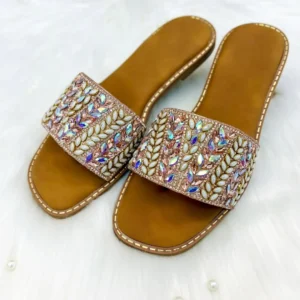 Urbantoes Rose Gold Crystal Leaf Embellished Slides Slipper – Festive Party Wear Flats