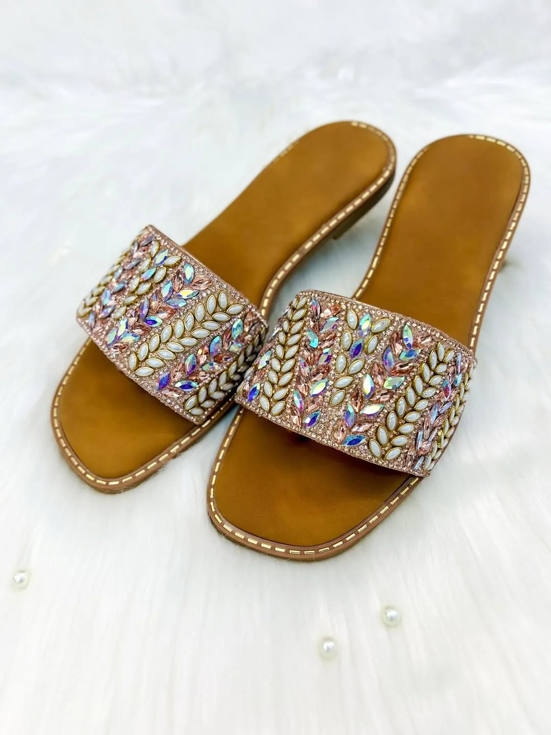Urbantoes Rose Gold Crystal Leaf Embellished Slides Slipper – Festive Party Wear Flats