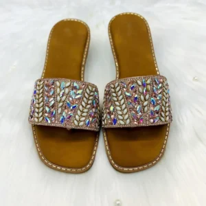 Urbantoes Rose Gold Crystal Leaf Embellished Slides Slippers – Festive Party Wear Flats