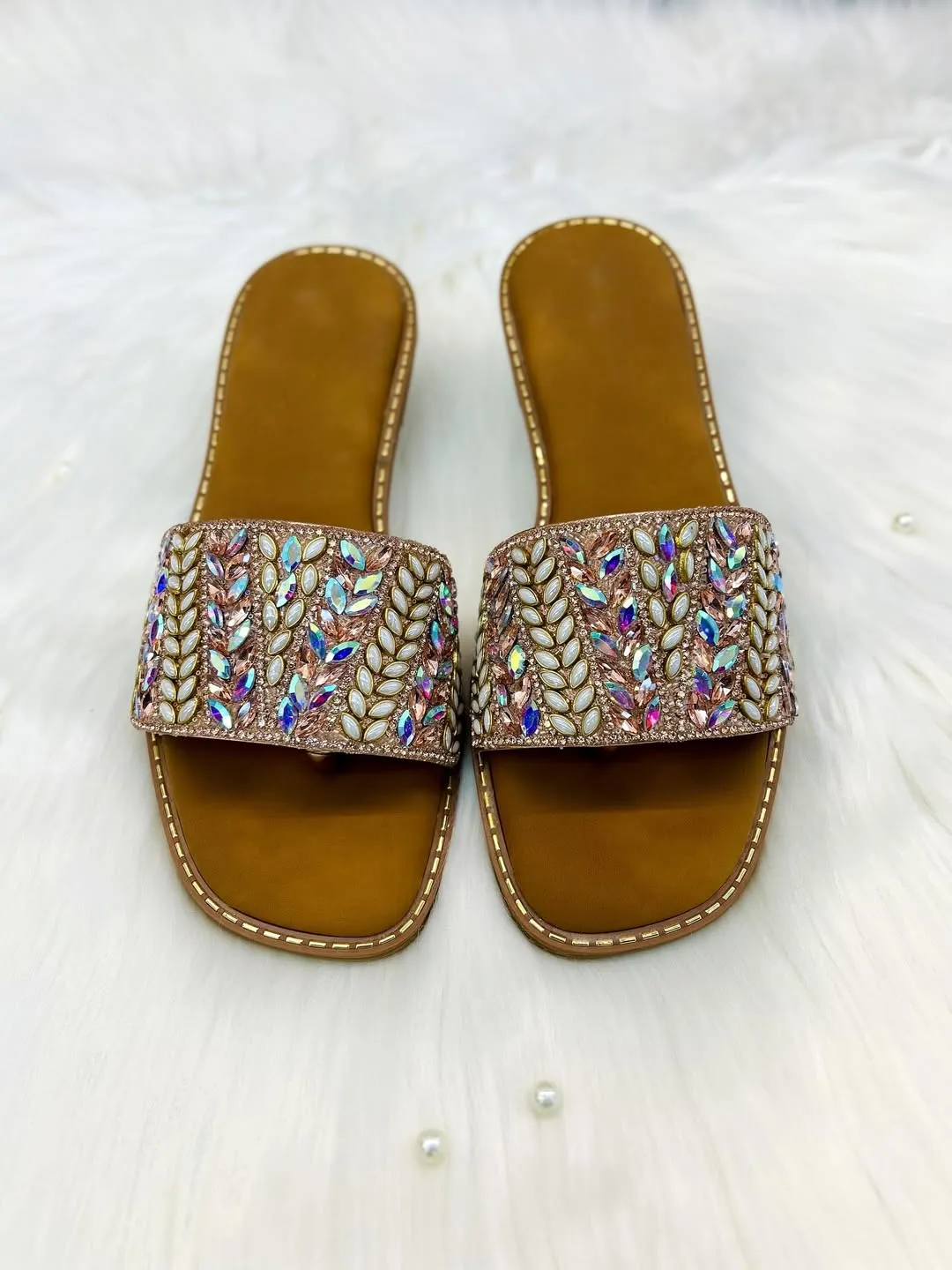 Urbantoes Rose Gold Crystal Leaf Embellished Slides Slippers – Festive Party Wear Flats
