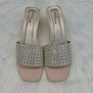 Champagne Shimmer Scalloped Block Heels – Iridescent Mesh Party Sandals