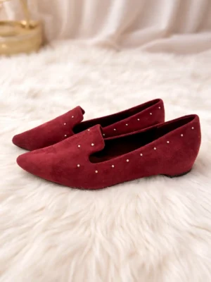 Women Maroon Suede Embellished Loafers