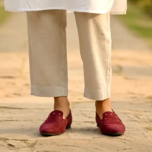 Women Maroon Suede Embellished Loafers