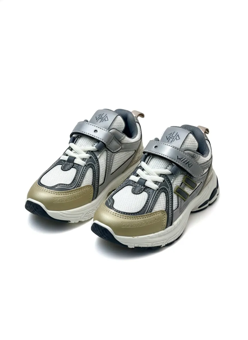 Boys Running Sports Sneakers with Hook & Loop Strap – Grey Beige - Image 2