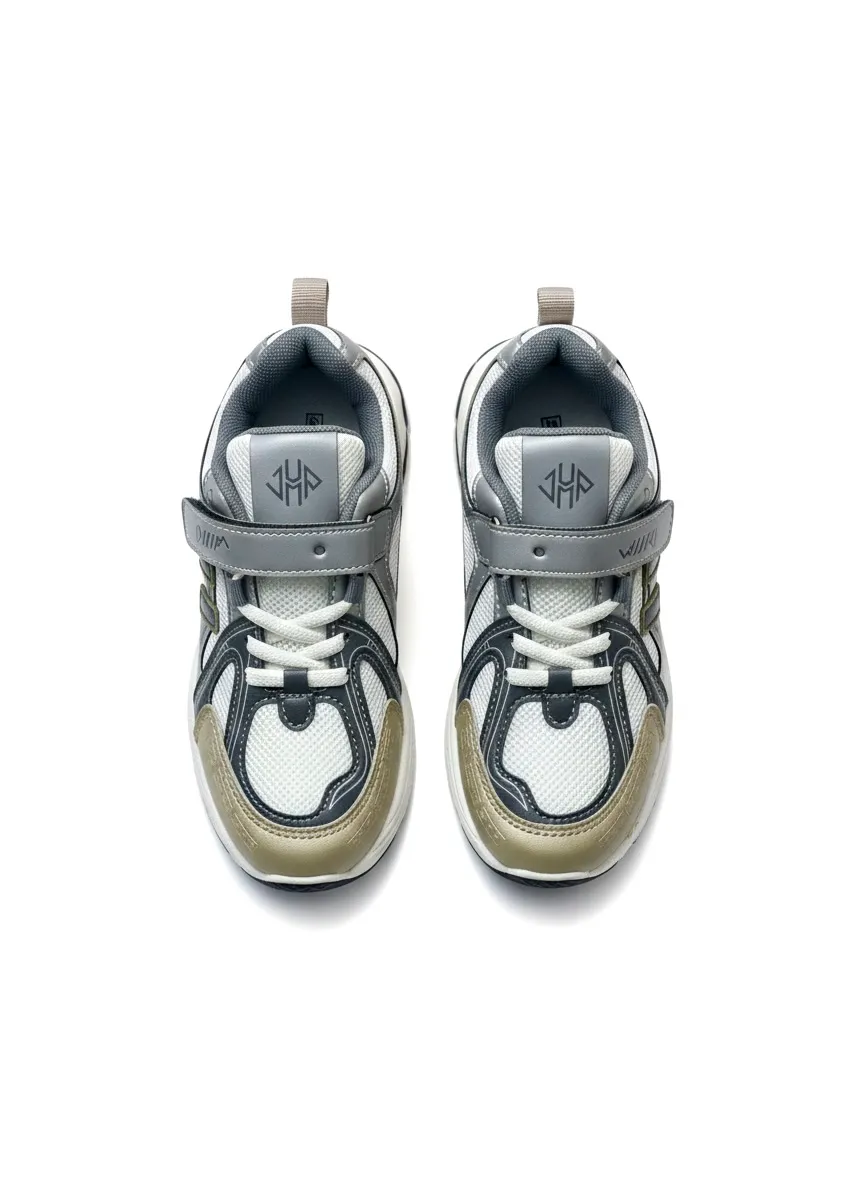 Boys Running Sports Sneakers with Hook & Loop Strap – Grey Beige - Image 3