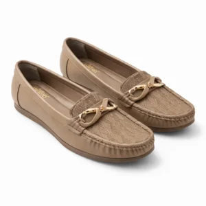 women walking loafers beige with metal buckle