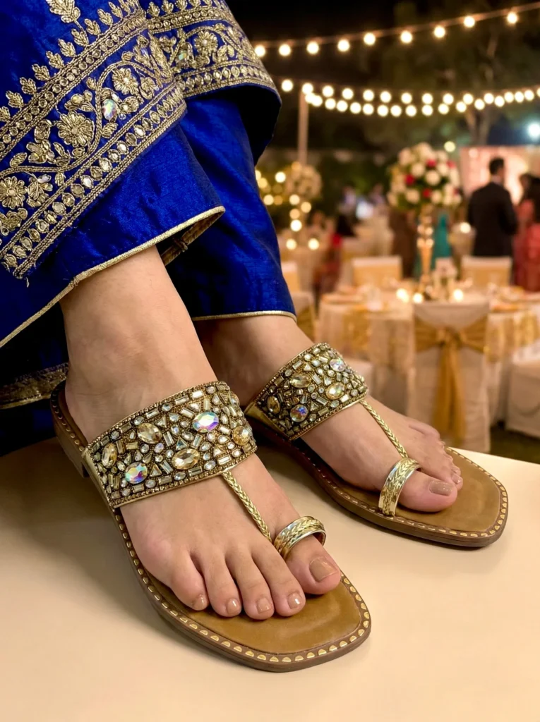 Women Green Crystal Stone Work Ethnic Flats