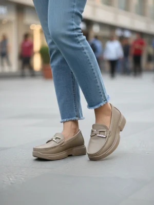 Khakhi Luxe Platform Comfort Loafers for Women with Crystal Hardware – Modern Elegance Redefined