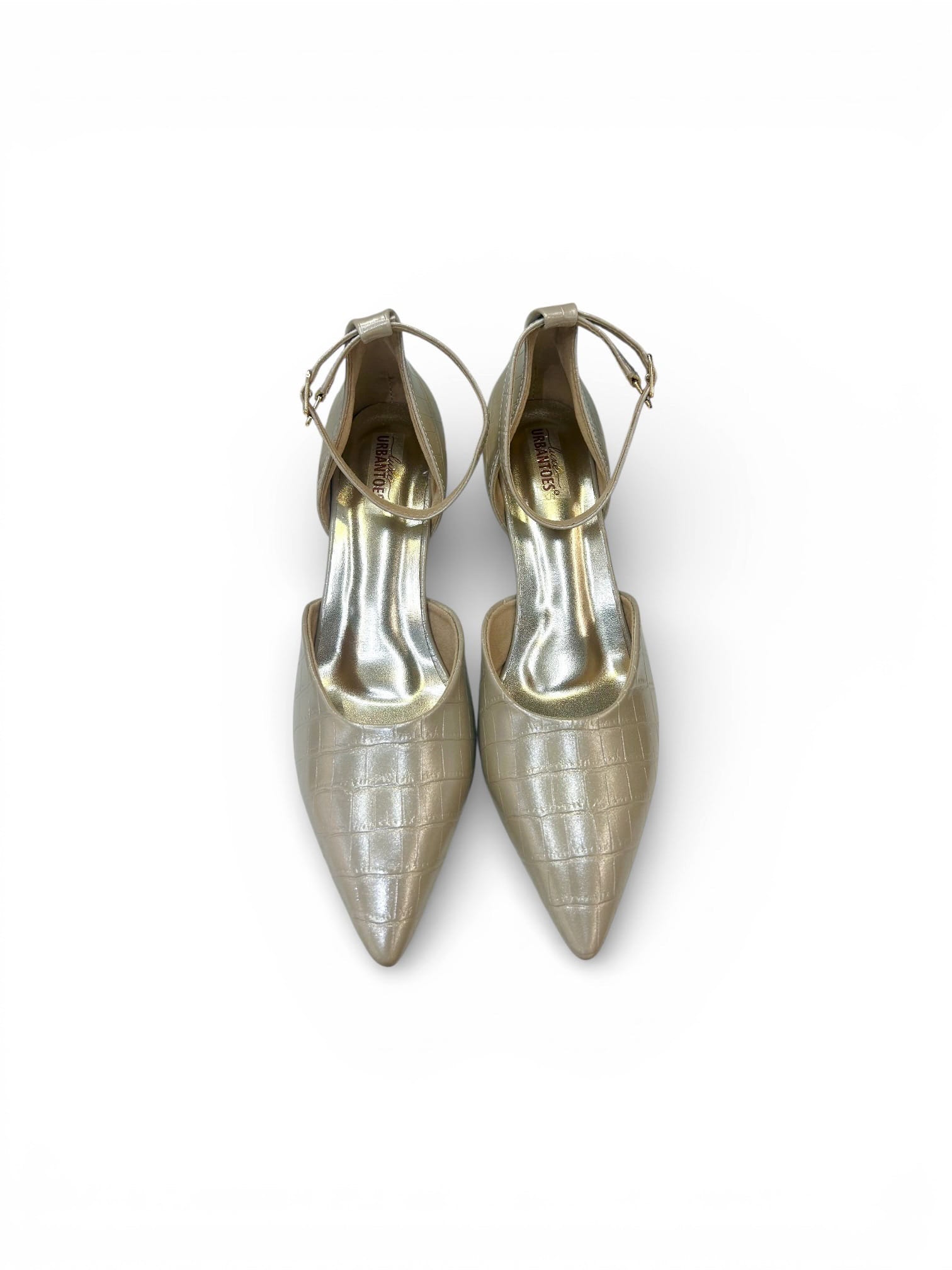 Women’s Light Golden Croc-Textured Ankle Strap Heels - Image 3