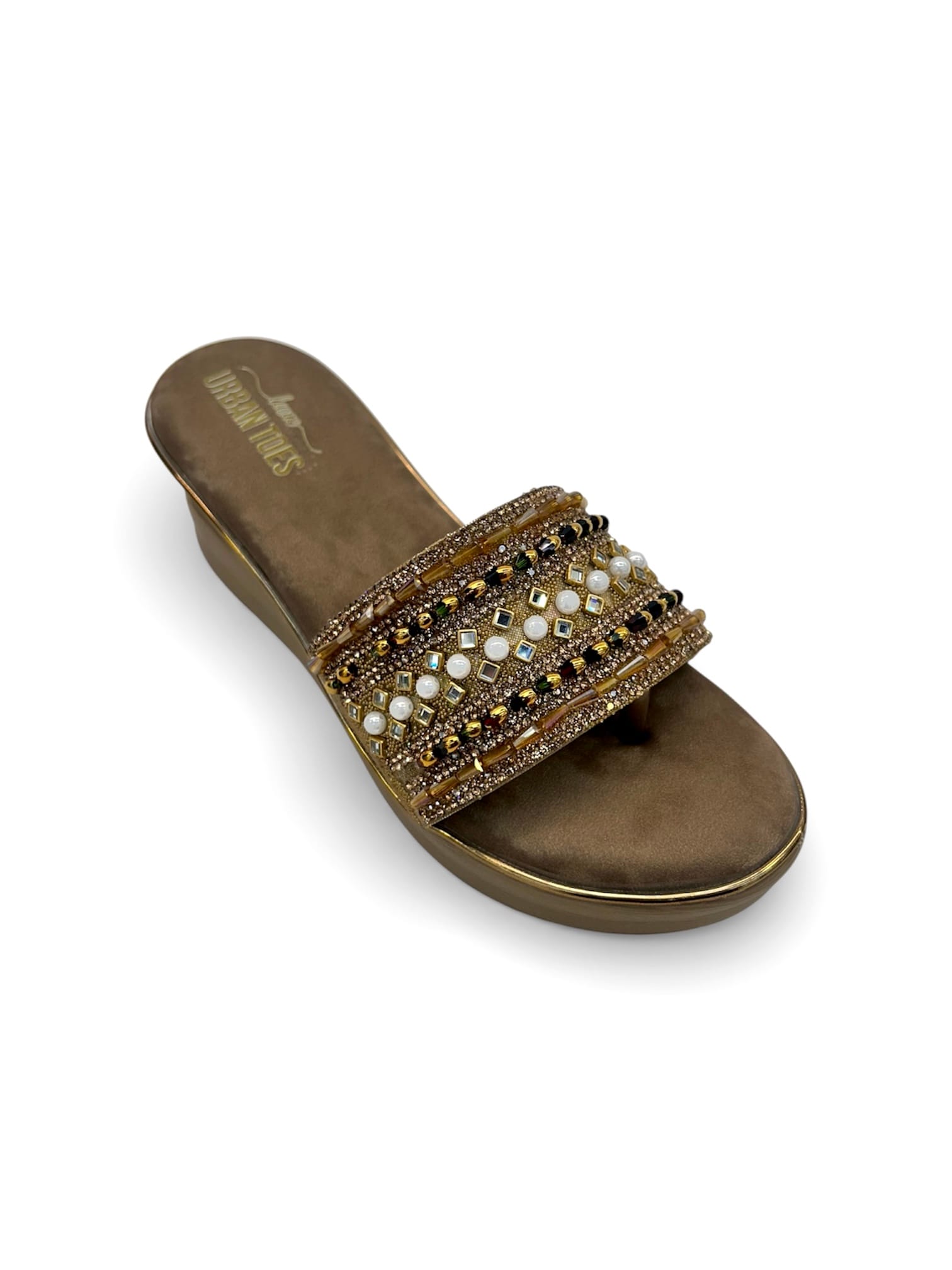 Women’s Brown Stonework Wedge Slide Sandals for Festive & Party Wear - Image 3
