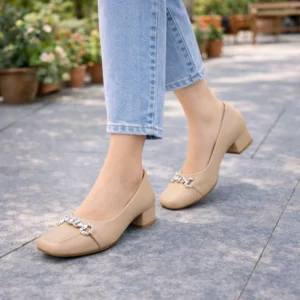 cream block heel pumps