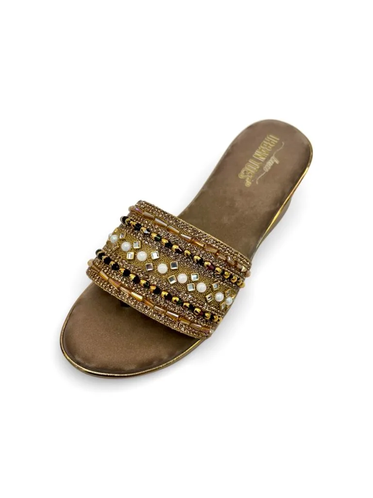 Women’s Brown Stonework Wedge Slide Sandals for Festive & Party Wear