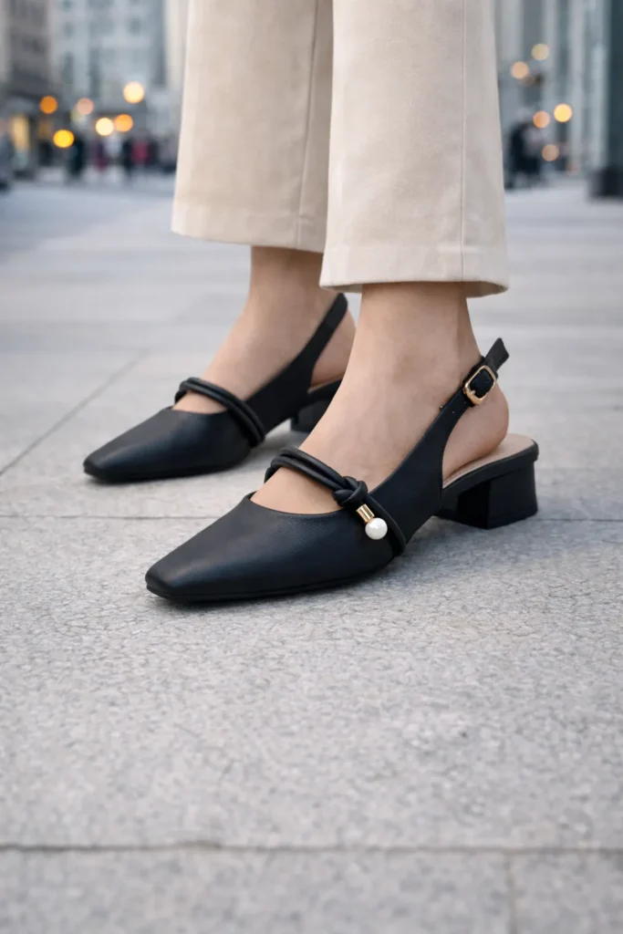 Black Slingback Block Heel Pumps for Women