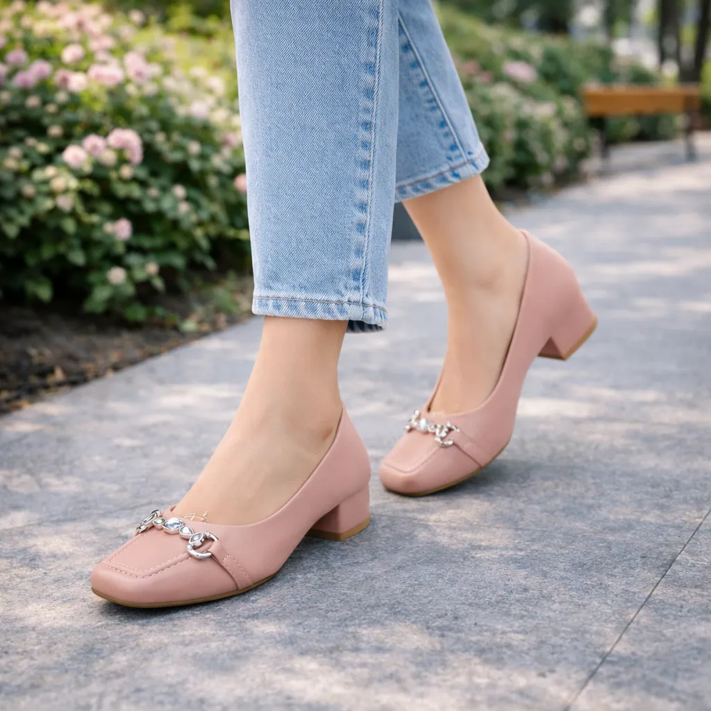 UrbanToes Women’s Blush Pink Block Heel Pumps with Stone Detail