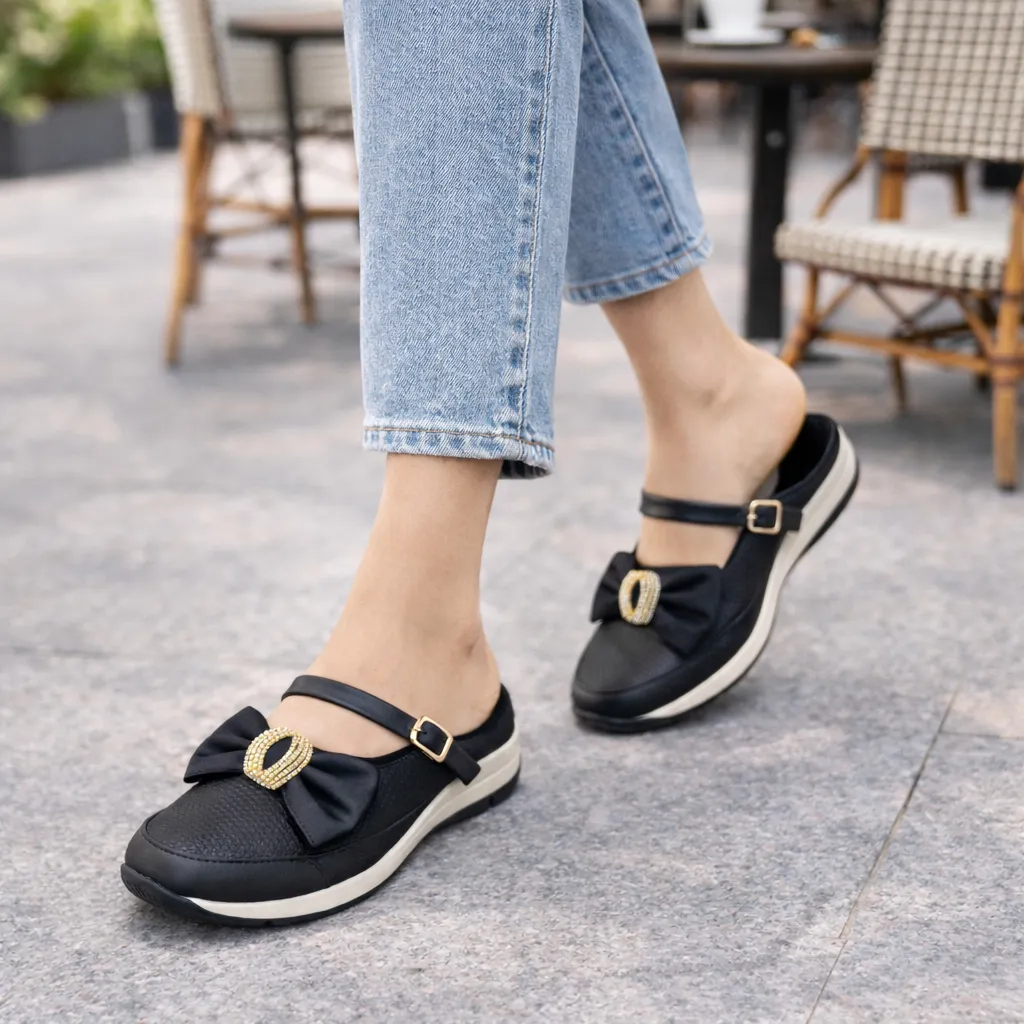 Urbantoes Women’s Black Walking Flats with Bow Detail