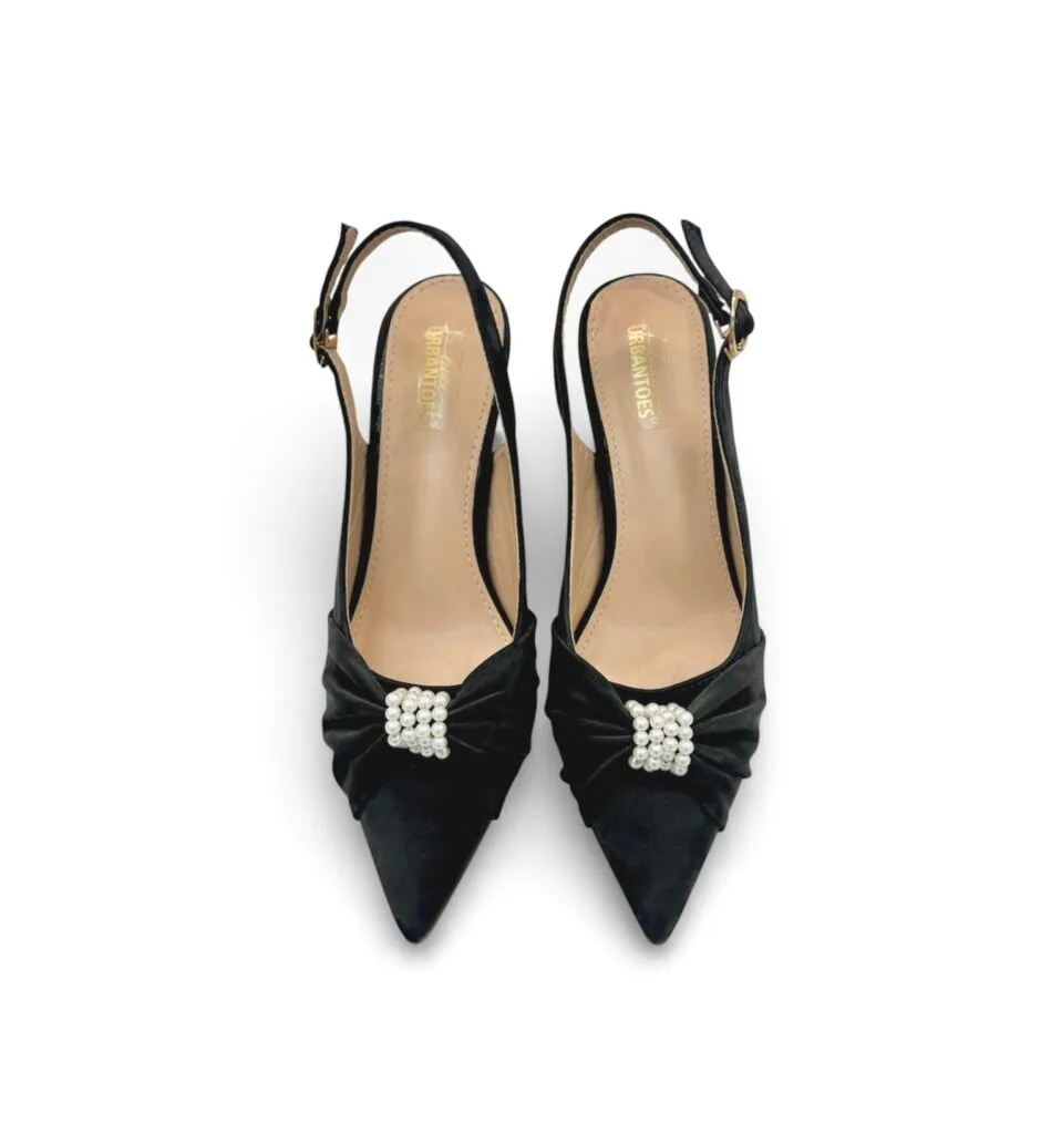 Urbantoes Black Pearl Bow Slingback Kitten Heels for Women