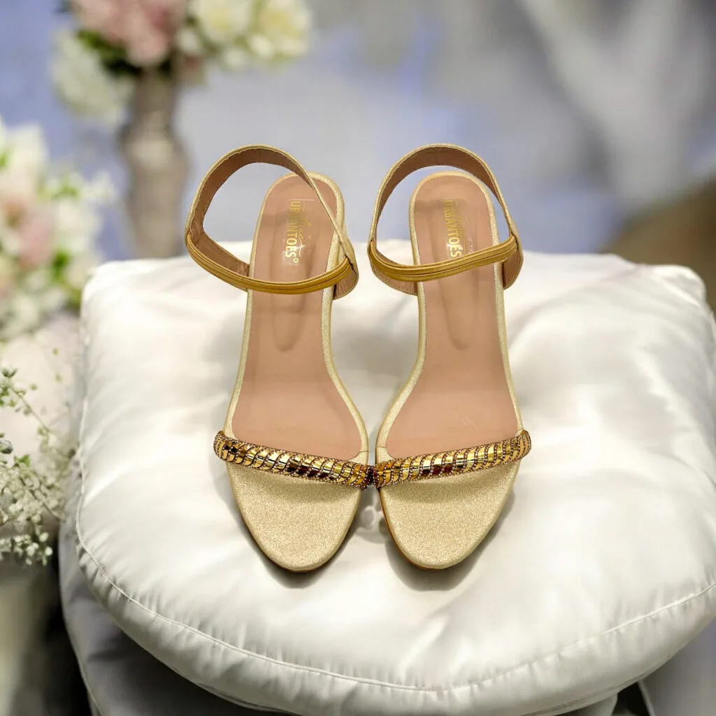 Women’s Gold Embellished Block Heel Sandals for Party & Festive Wear