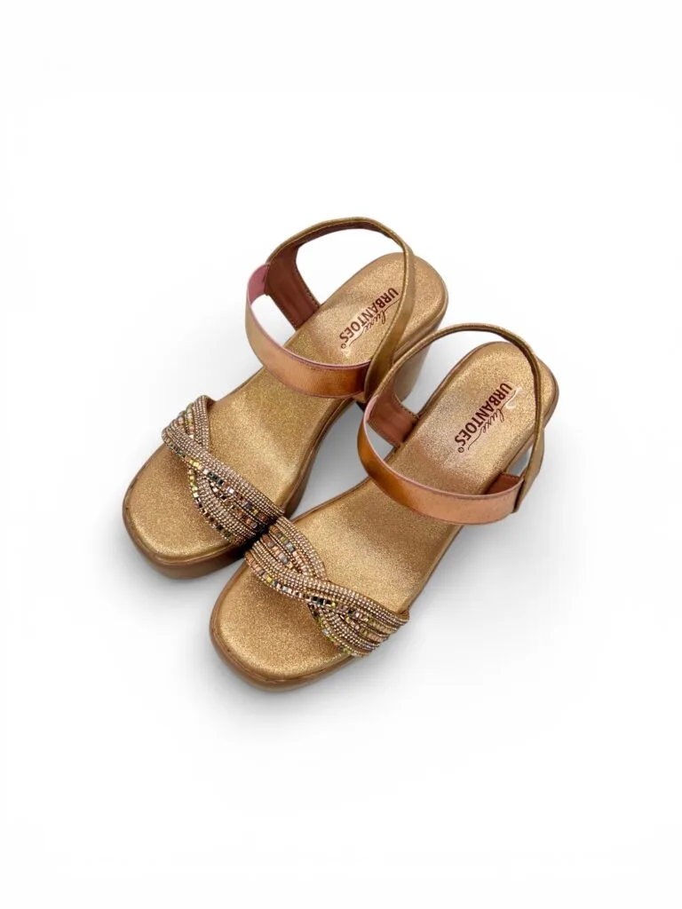 Rose Gold Platform Heels for Women – Embellished Strap Block Heel Sandals