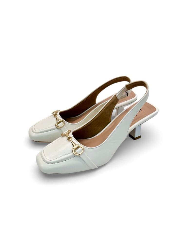 Women White Slingback Block Heels with Gold Buckle – Elegant Office & Party Wear