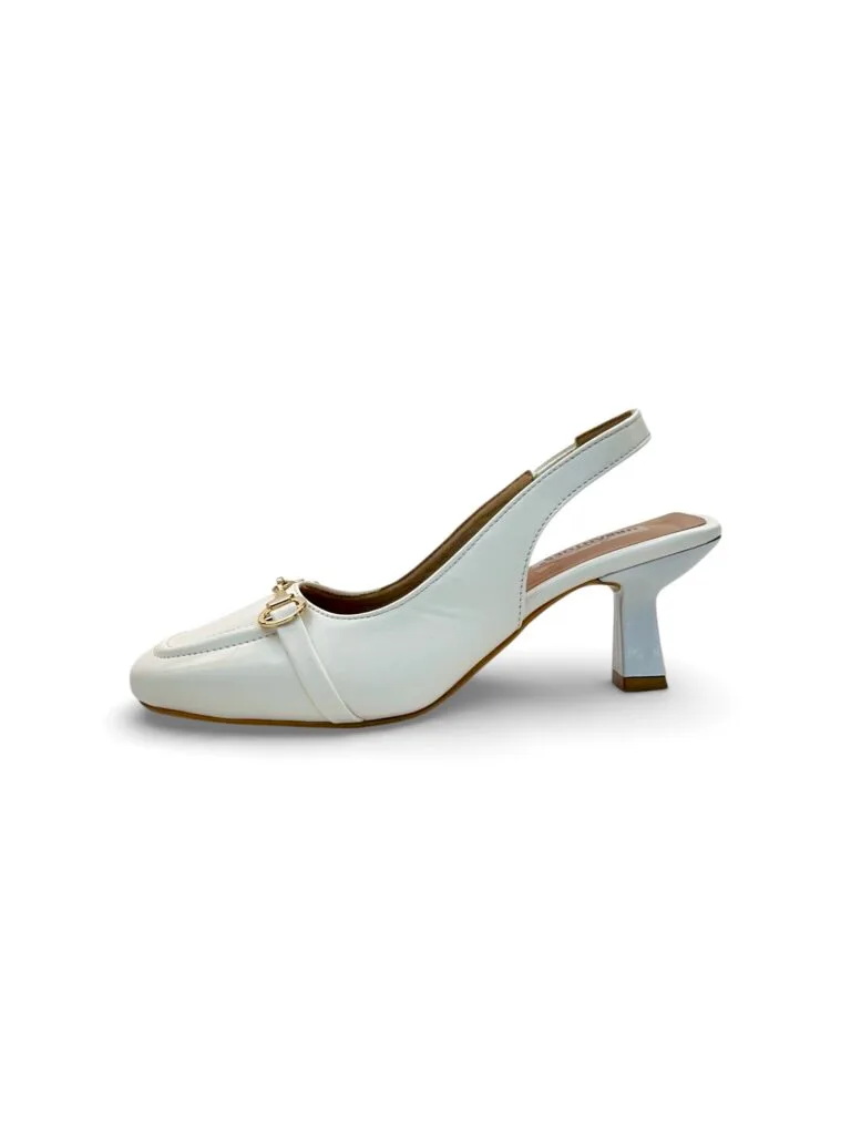 Women White Slingback Block Heels with Gold Buckle – Elegant Office & Party Wear