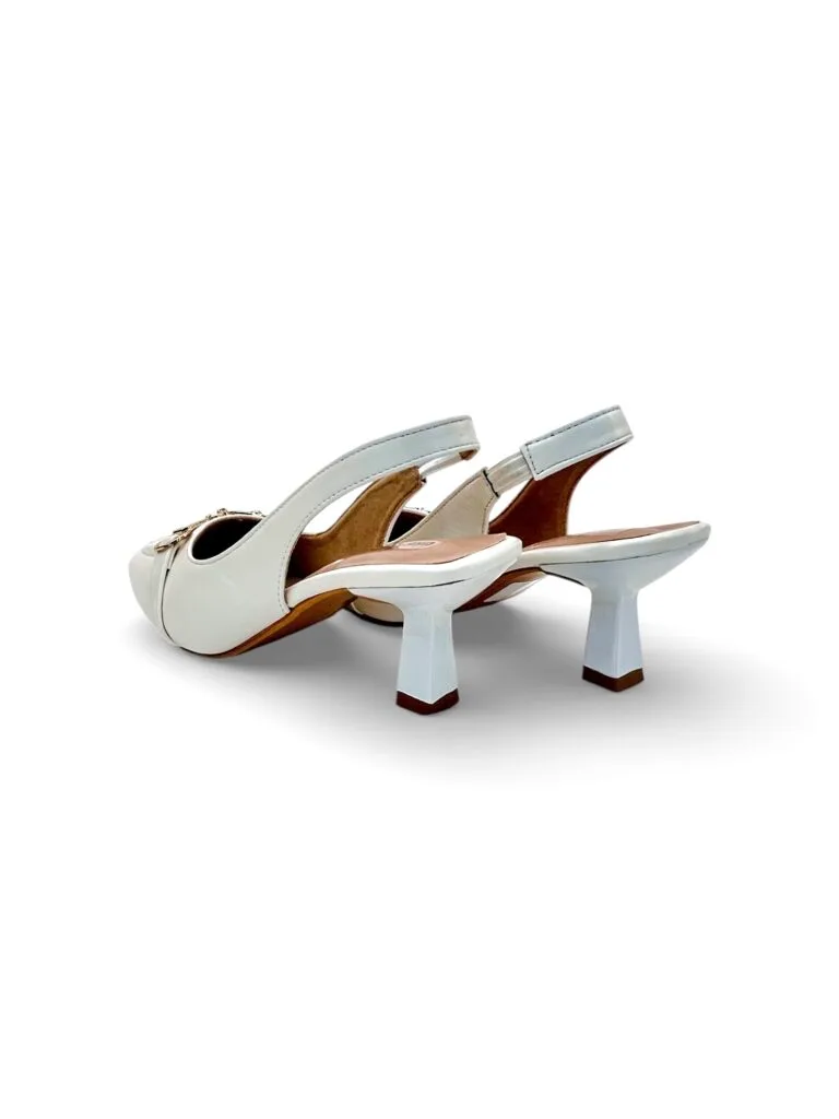 Women White Slingback Block Heels with Gold Buckle – Elegant Office & Party Wear