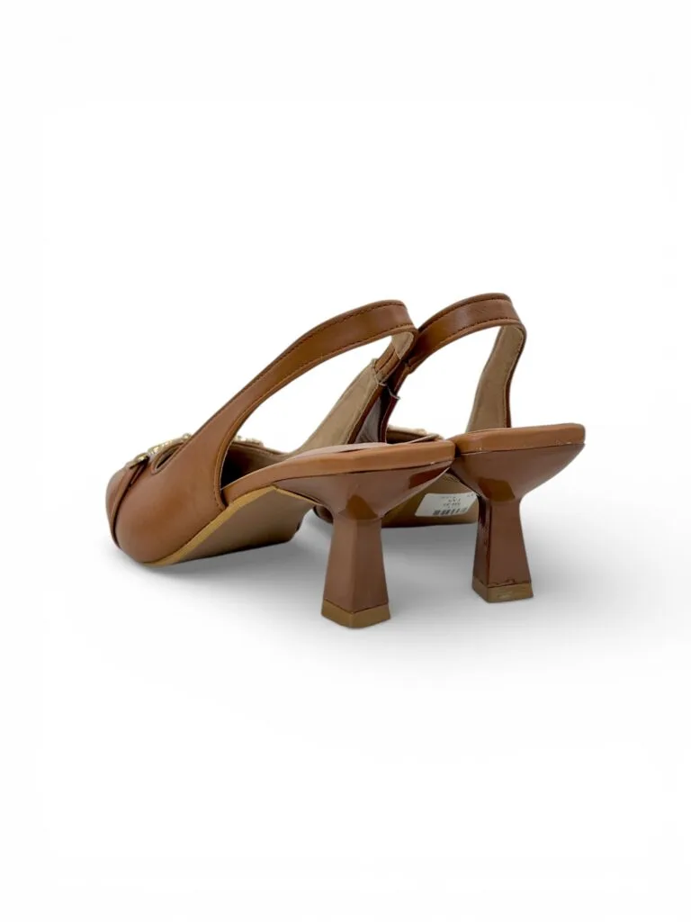 Women Brown Slingback Block Heels with Gold Buckle – Elegant Office & Party Wear