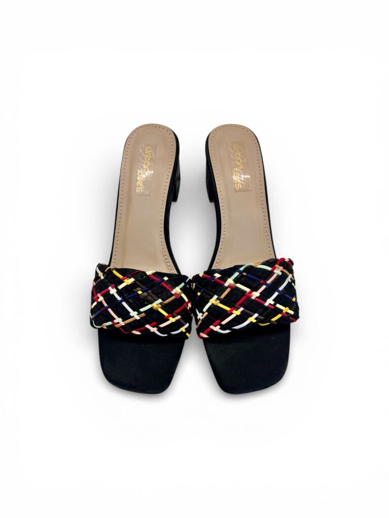 Block Heel Mules for Women – Multicolor Woven Square Toe Heels