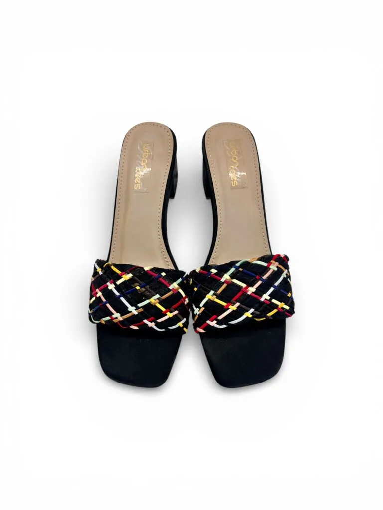 Block Heel Mules for Women – Multicolor Woven Square Toe Heels