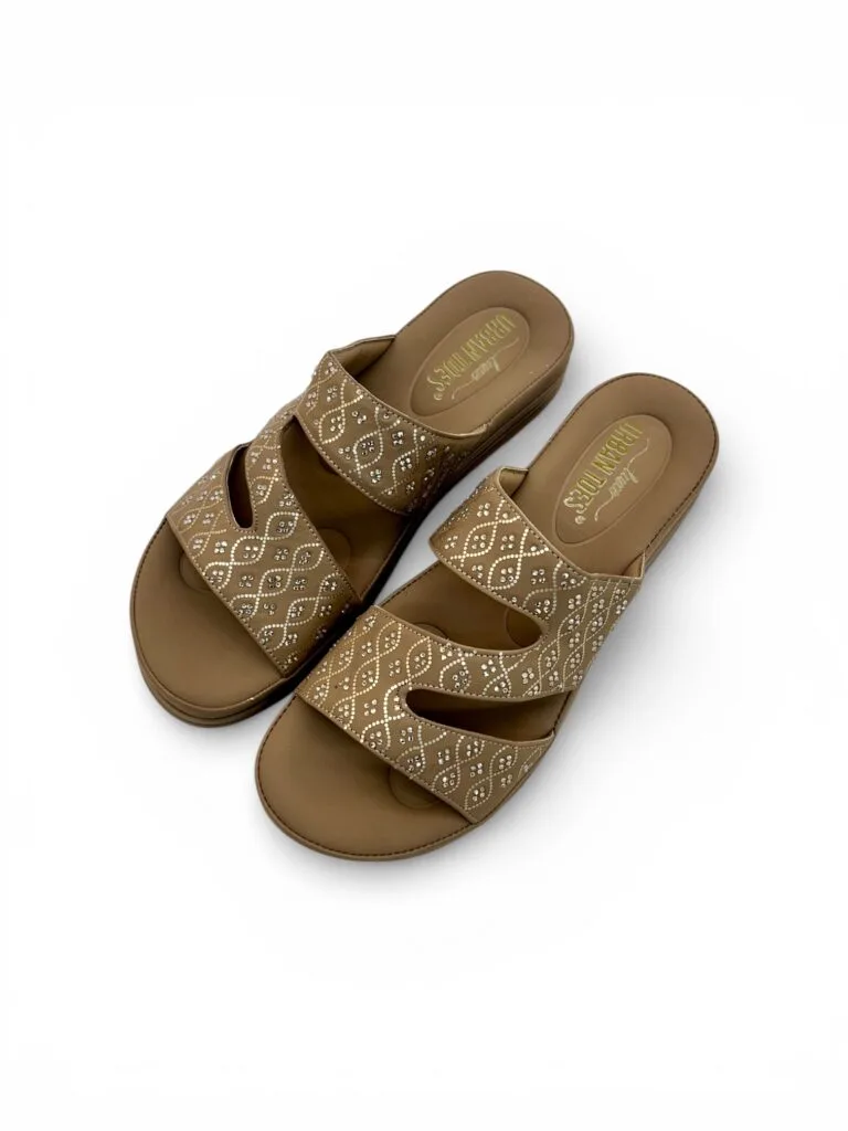 Comfort Beige Wedge Sandals for Women – Embellished Ethnic Platform Slippers
