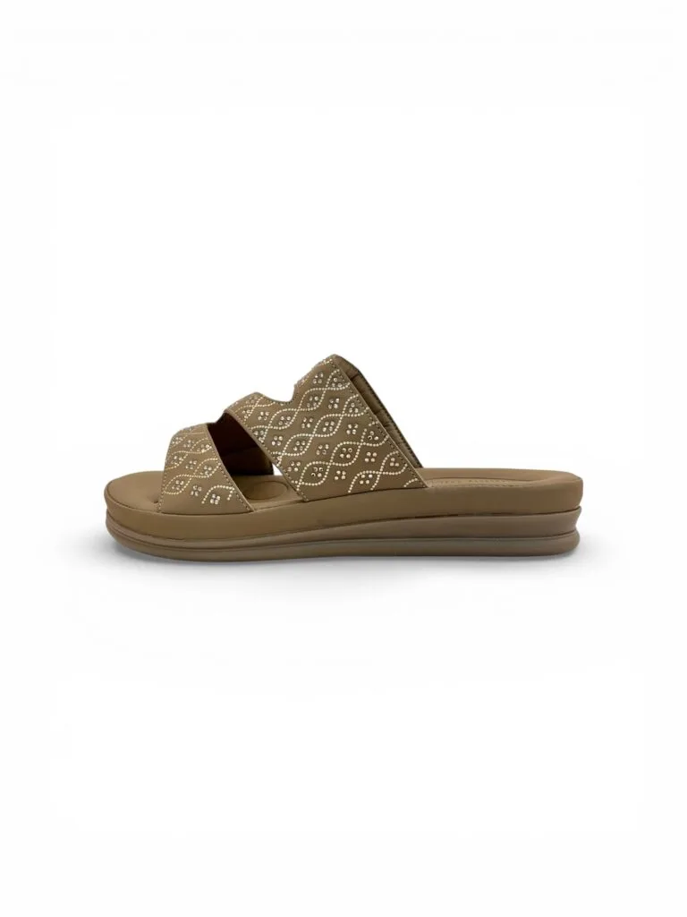 Comfort Beige Wedge Sandals for Women – Embellished Ethnic Platform Slippers