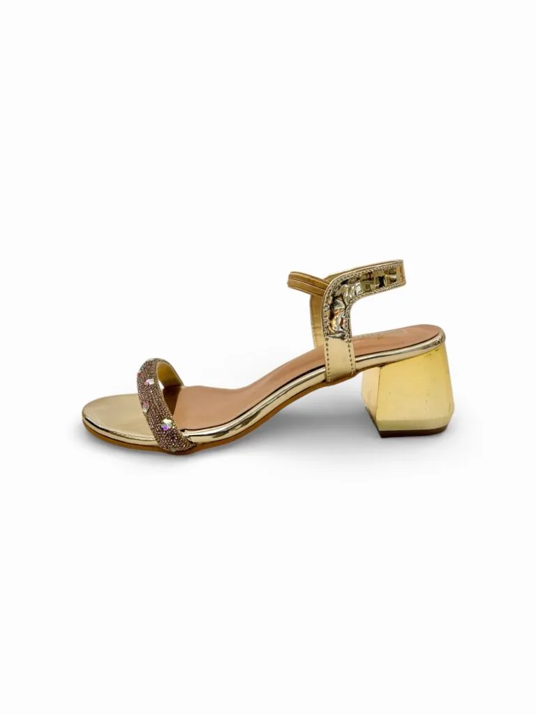 Gold Block Heel Sandals for Women – Embellished Ankle Strap Party Wear Heels