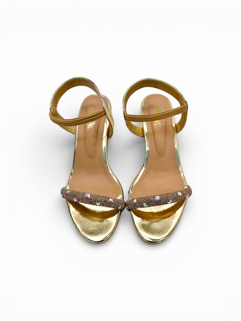 Gold Block Heel Sandals for Women – Embellished Ankle Strap Party Wear Heels
