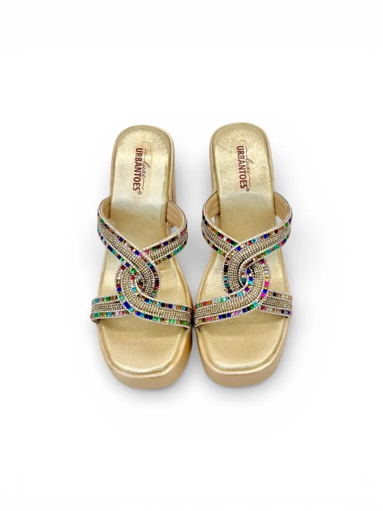 Gold Platform Block Heels for Women – Multicolor Stone Party Wear Sandals