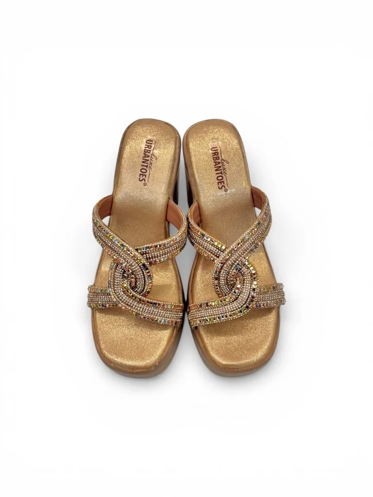 Rose Gold Platform Block Heels for Women – Multicolor Stone Party Wear Sandals