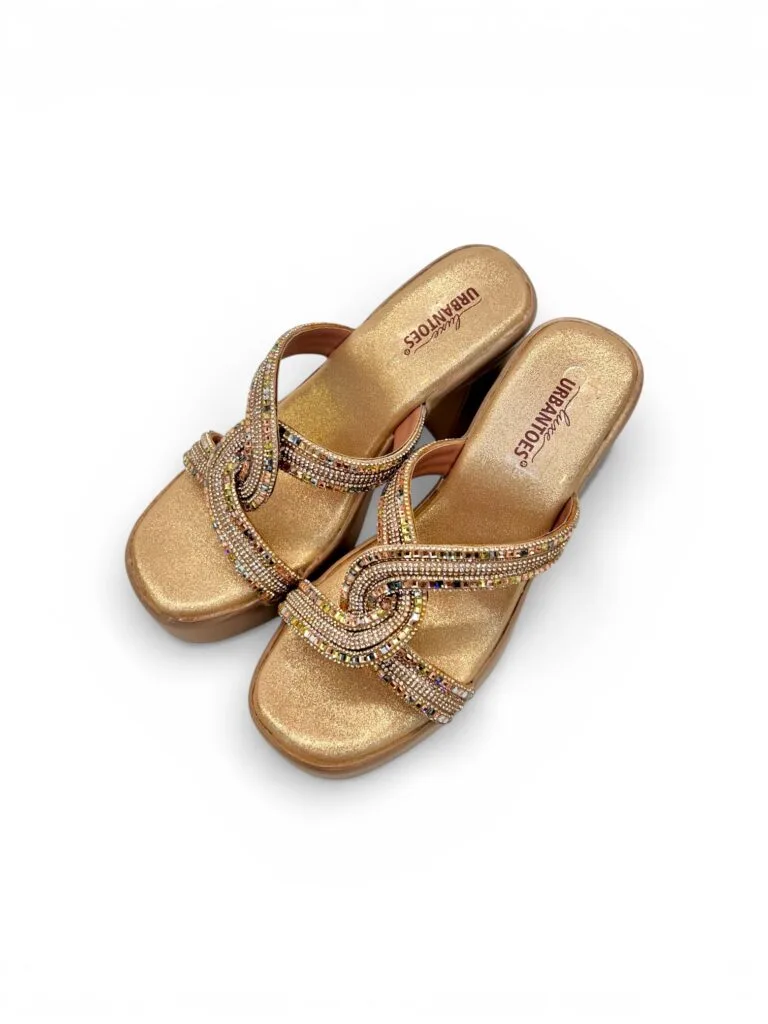 Rose Gold Platform Block Heels for Women – Multicolor Stone Party Wear Sandals