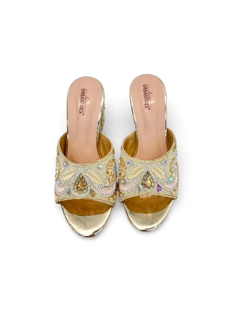 Women’s Gold Embellished Block Heel Mules – Festive & Wedding Party Wear Sandals