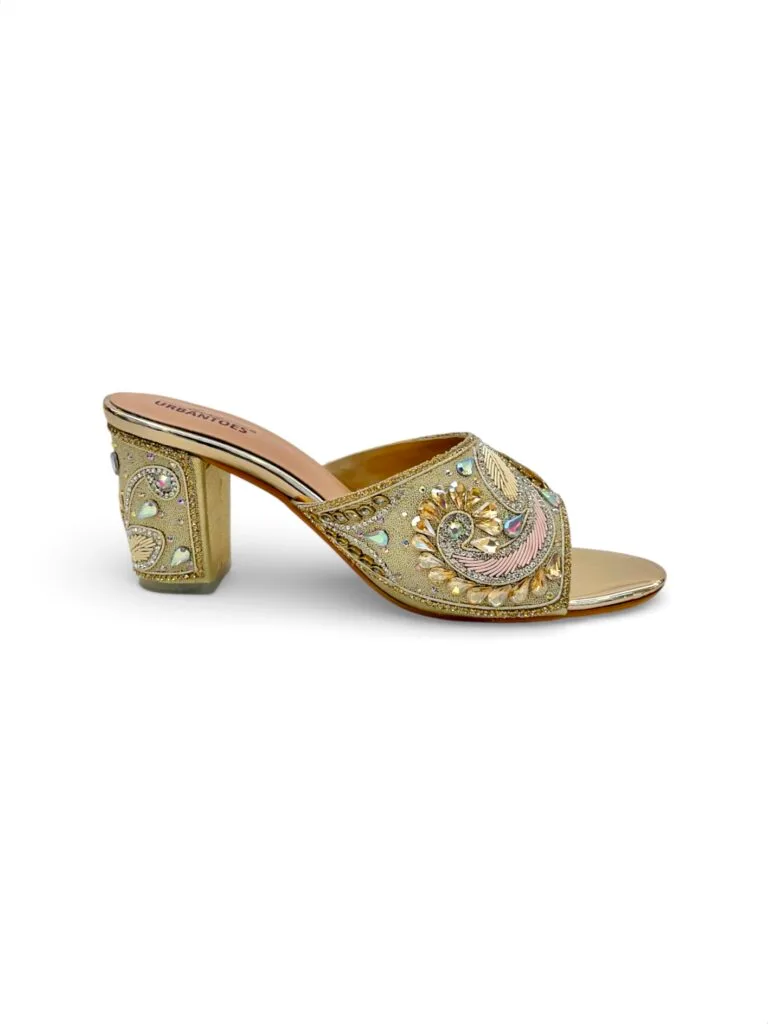 Women’s Gold Embellished Block Heel Mules – Festive & Wedding Party Wear Sandals